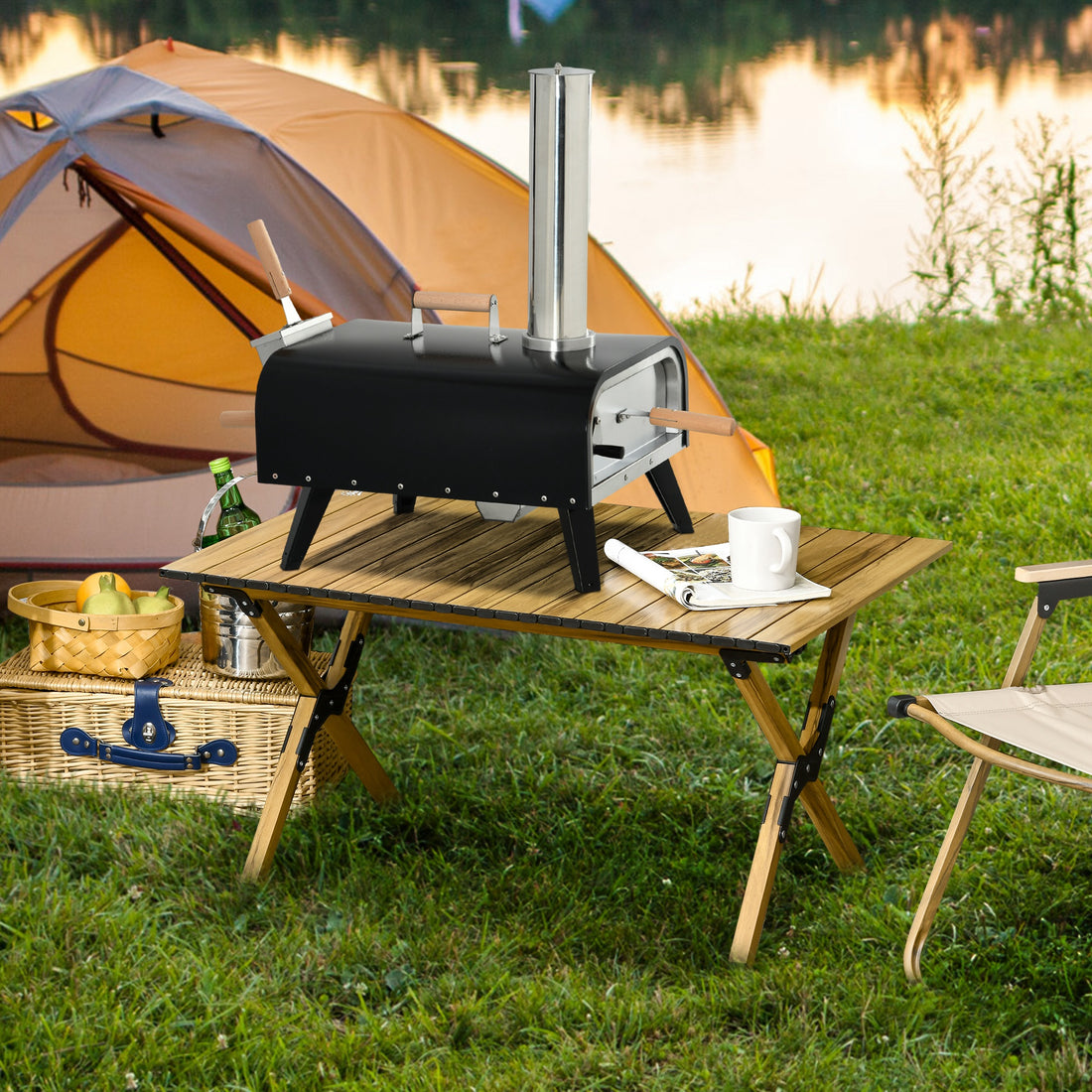 Outsunny Outdoor Pizza Oven With 12" Rotating Stone, Peel And Cover, Portable Pellet Wood Fired Pizza Maker With Foldable Legs, Stainless Steel Pizza Grill For Outside, Backyard, Outdoor Kitchen Black Steel