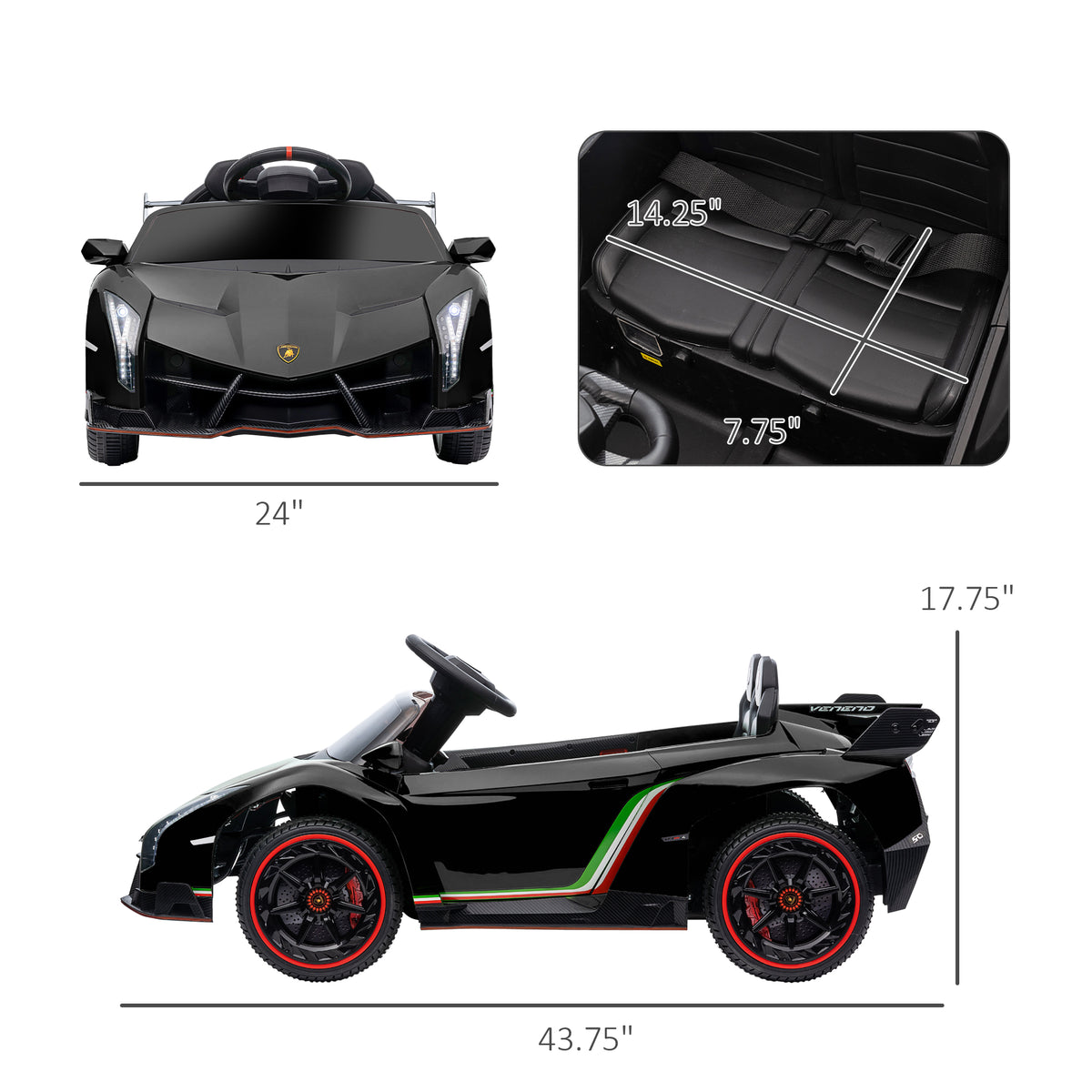 Aosom Lamborghini Veneno Licensed Kids Electric Car With Bluetooth, 12V Ride On Car With Butterfly Doors, Remote Control, Portable Battery, Suspension System, Horn, Songs, Lights, Black Black