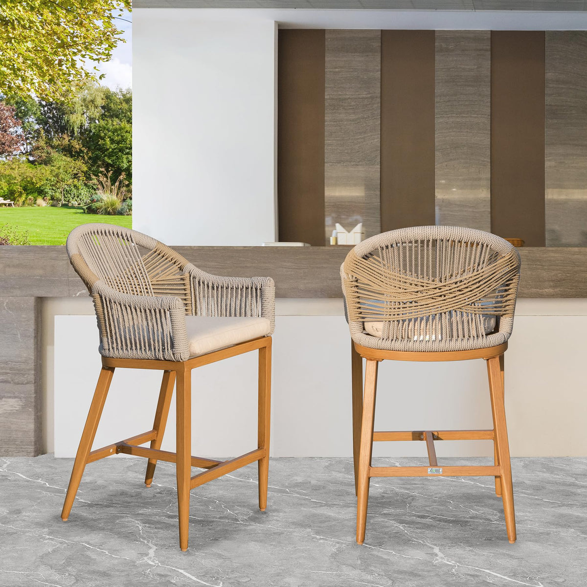 Bar Stools Set Of 2 With Arm And Backrest, Outdoor Counter Height Bar Chairs With Cushion, Aluminum Tall Bar Stools Modern Textilene Rope Boho Barstools For Garden, Pool, Patio, Kitchen Rounded Backre Yes Khaki Garden & Outdoor 2 Person Seating Group