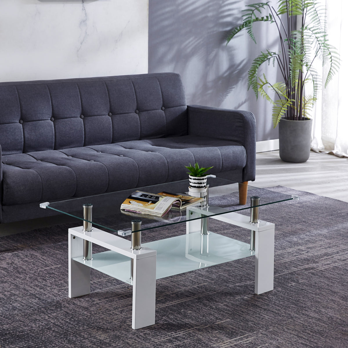 Artisan Center Coffee Table, Tempered Glass Top Stainless Steel Legs For Living Room, White White Mdf
