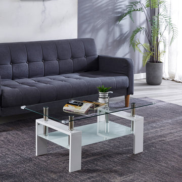 Artisan Center Coffee Table, Tempered Glass Top Stainless Steel Legs For Living Room, White White Mdf