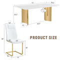 Table And Chair Set.The Table Has A Glass Tabletop With Imitation Marble Pattern Stickers And Stainless Steel Golden Table Legs. Paried With Comfortable Chairs With Pu Seats And Metal Legs. White Gold Seats 6 Glass Metal