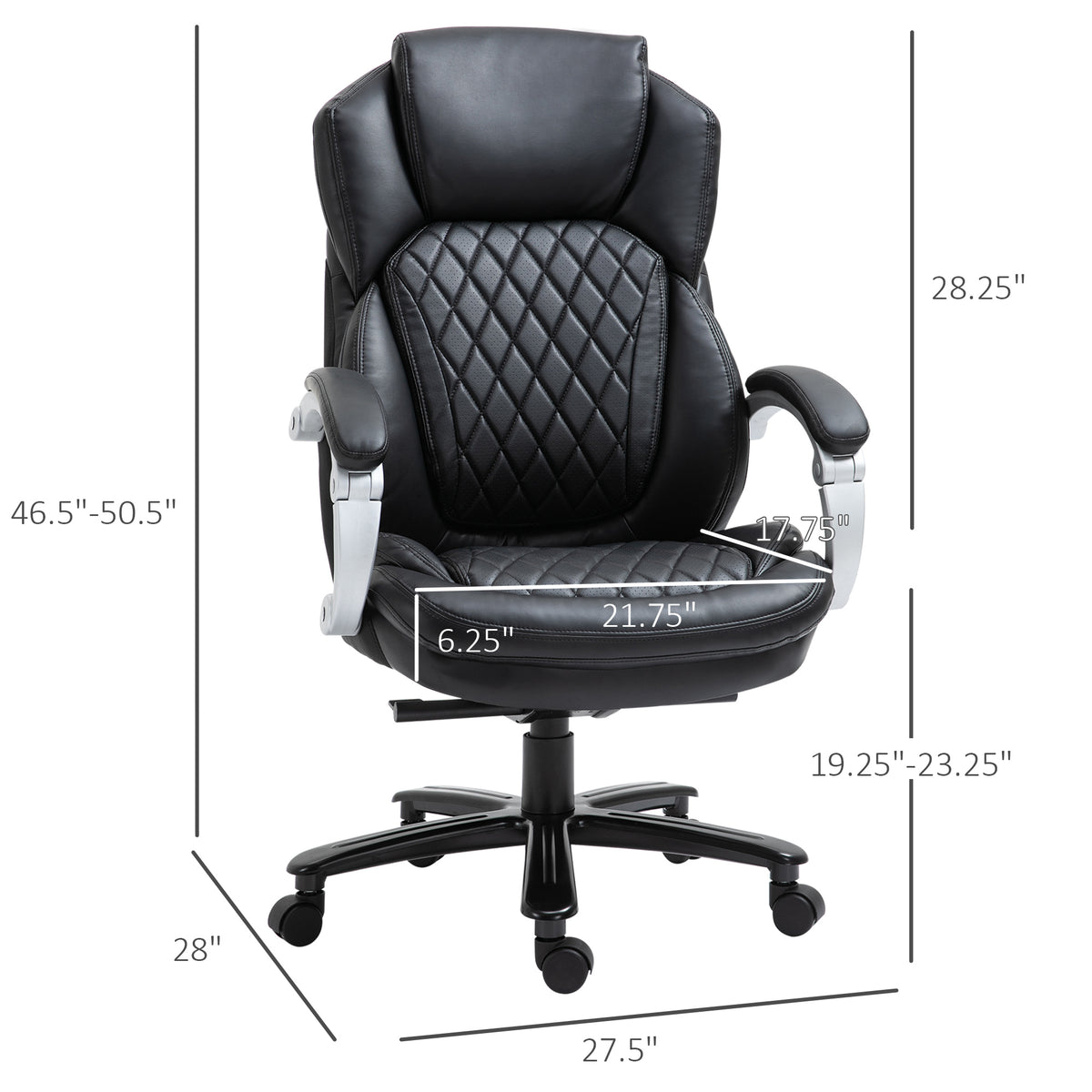 Vinsetto Big And Tall Executive Office Chair With Wide Seat, Computer Desk Chair With High Back Diamond Stitching, Adjustable Height & Swivel Wheels, Black Black Pu Leather