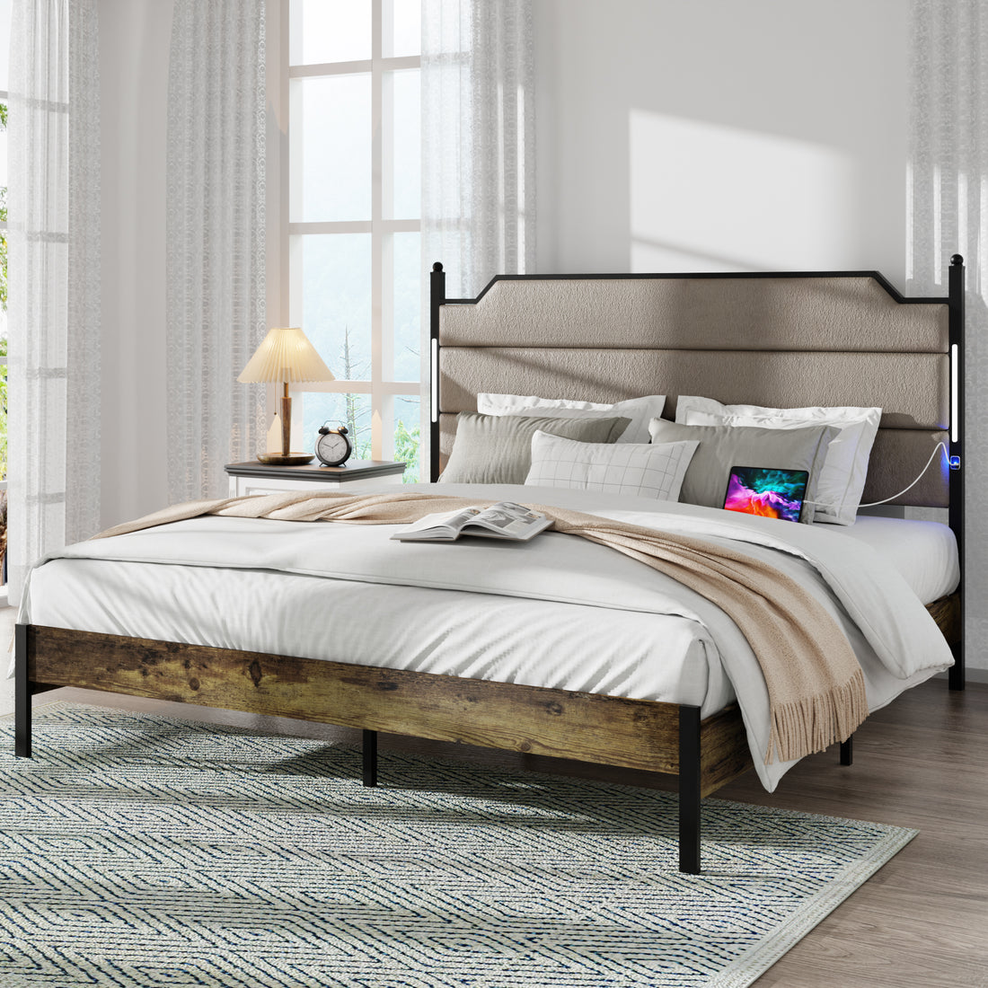 King Size Bed Frame With Upholstered Headboardqueen Bed Frame With Charging Station And Led Lights, Wood Slats, Easy Assembly,No Box Spring Needed,Industrial Brown Box Spring Not Required King Brown Metal Bedroom Bed Frame Mdf Metal