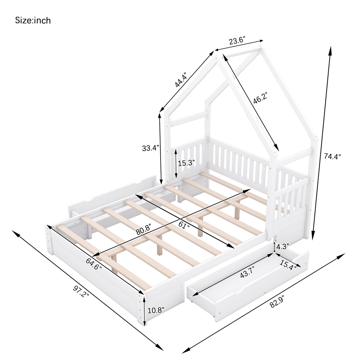 Wood Queen Size House Platform Bed With Guardrail And 2 Drawers, White Box Spring Not Required Queen White Wood Bedroom Bed Frame Solid Wood Mdf