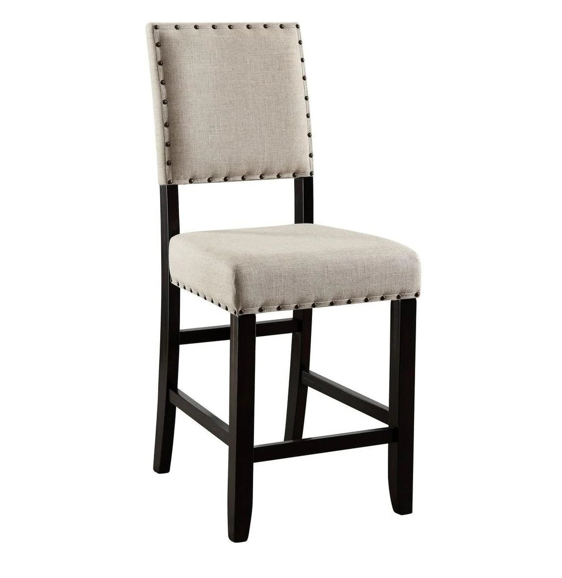 Antique Black Wooden 5Pc Counter Height Dining Set Table And 4X Chairs Beige Linen Like Fabric Cushions Trim Chairs Wood Dining Room Solid Wood Rectangular Dining Table With Chair Upholstered Chair Wood Beige Black Solid Back Seats 4 60 Inches