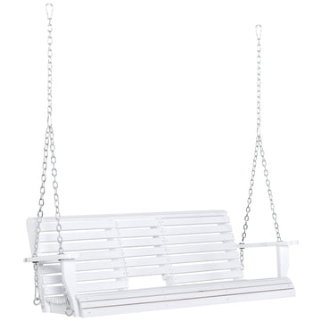 Outsunny 3 Seater Wooden Porch Swing, Patio Swing Bench With Folding Coffee Table, Cup Holders And Chains Included, 440Lbs Weight Capacity, White White Wood