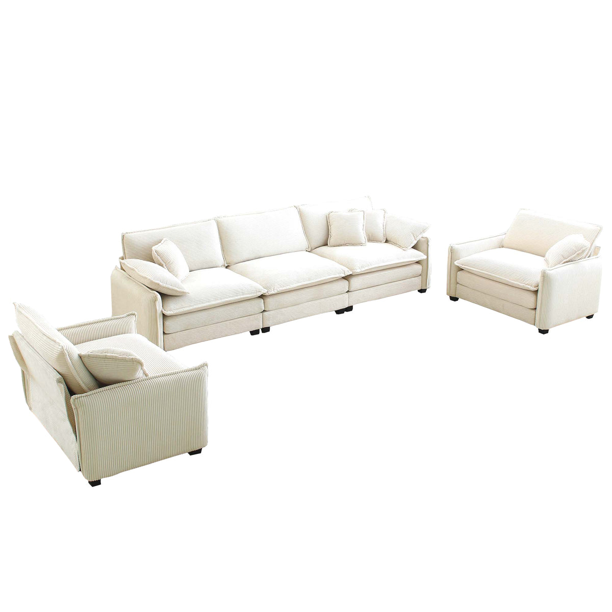 Warm And Cozy Sofa Set With Soft Cushions And Pillows, Home Theater Style Sofa Set Consisting Of A 3 Seater Sofa And Two Single Sofas In Beige Corduroy Fabric Beige Corduroy 5 Seat