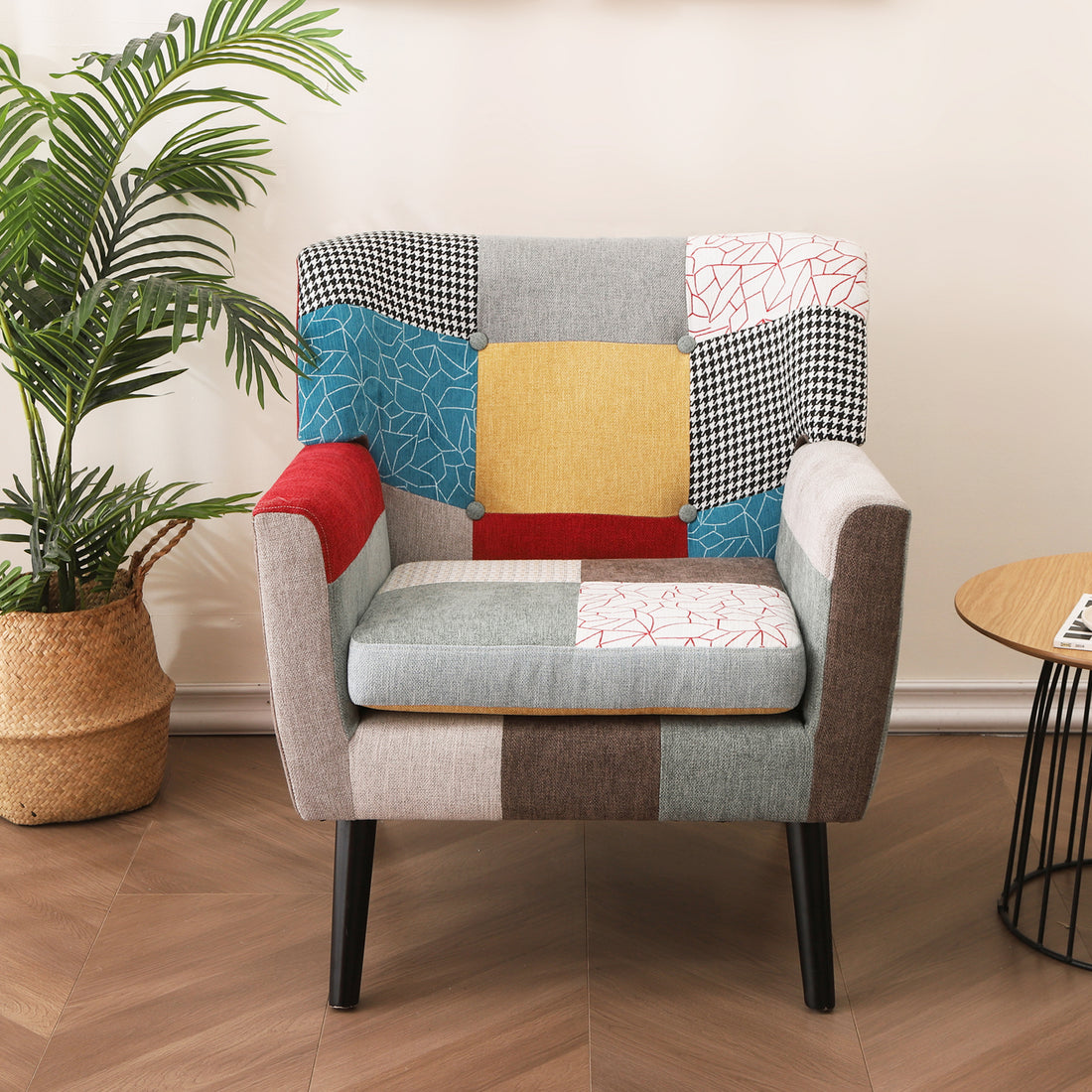 Patchwork Accent Chair, Mid Century Modern Fabric Club Chair For Bedroom Comfy, Colourful Single Sofa Chair For Livingroom, Bedroom, Office, Study And Reading Room Colorful Textile