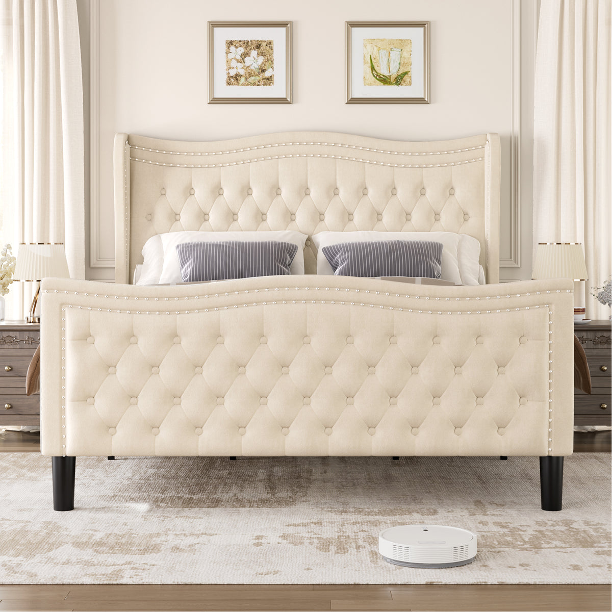 Lift Up Velvet Beige King Size Bed Box Spring Not Required King Beige Wood Light Brown Bedroom American Design Poplar Slat Beds Foam Velvet Upholstered