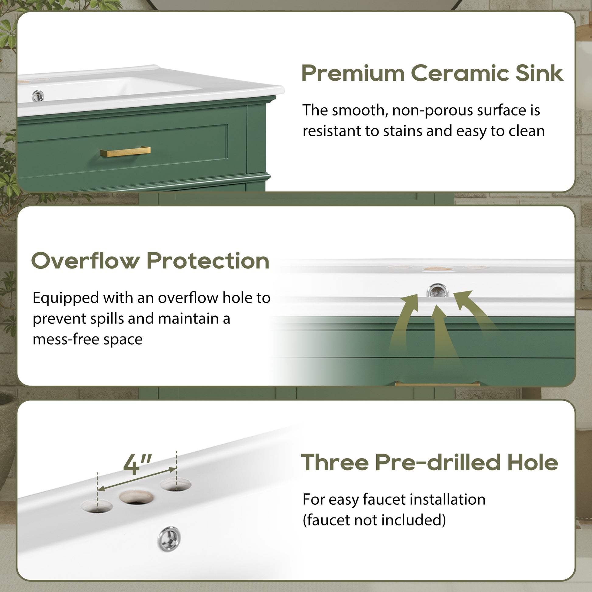 30 Inch Bathroom Vanity With Ceramic Basin, Soft Close Door And Adjustable Shelves Green Bathroom Solid Wood Mdf