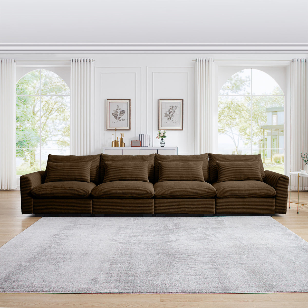 4 Seater Deep Seat Couches For Living Room, Comfy Brown Corduroy Sofas For Living Room Modern With 4 Waist Pillows Brown Corduroy 4 Seat