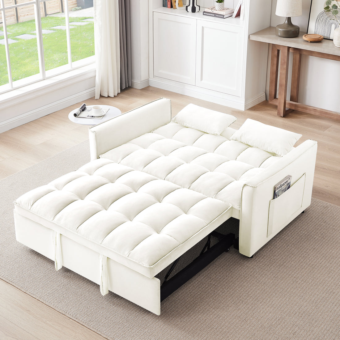 55.1 Inch 3 In 1 Convertible Sofa Bed, Modern Velvet Double Sofa Futon Sofa Bed With Adjustable Back, Storage Bag And Pillow, For Living Room, Bedroom Off White Light Brown Wood Primary Living Space Medium Duty Eucalyptus 2 Seat Beige White Velvet Soft