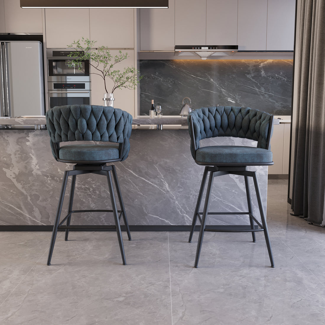 Bar Chair Suede Woven Bar Stool Set Of 2,Black Legs Barstools No Adjustable Kitchen Island Chairs,360 Swivel Bar Stools Upholstered Bar Chair Counter Stool Arm Chairs With Back Footrest, Blue Metal Blue Kitchen Dining Chairs Foam Technical Leather