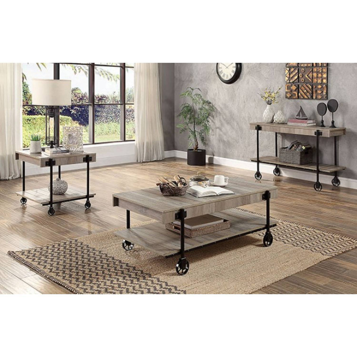 Industrial Style 1Pc Sofa Table Natural Tone Slat Design Console Table Open Bottom Shelf Living Room Furniture Black Natural Primary Living Space Classic,Industrial,Modern,Transitional Console Tables Rectangular Steel