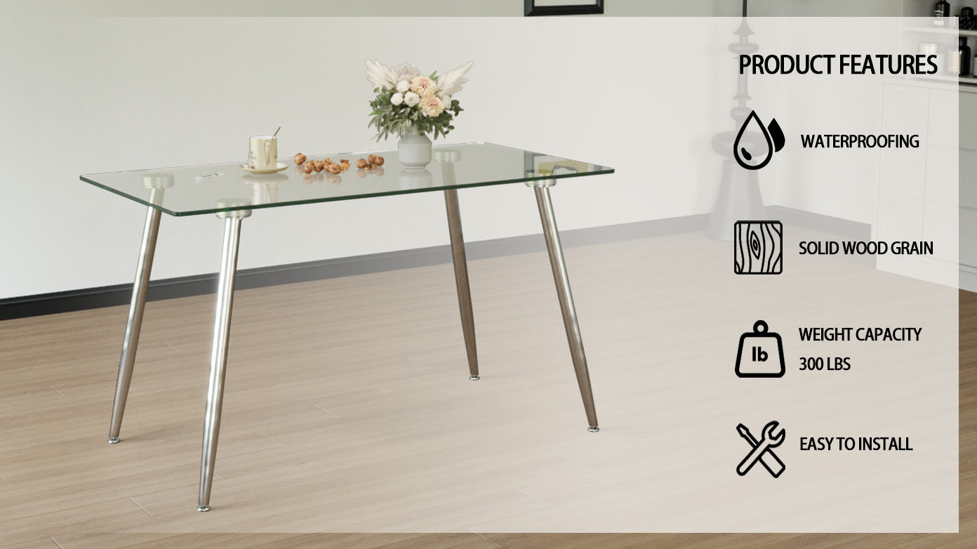 Glass Dining Table, Modern Rectangular Table With Tempered Glass Tabletop & Sliver Metal Legs, Simplistic Kitchen Table, 51 X 27.5 X 29.5 Inch, Versatile Table For Home Office Transparent Glass