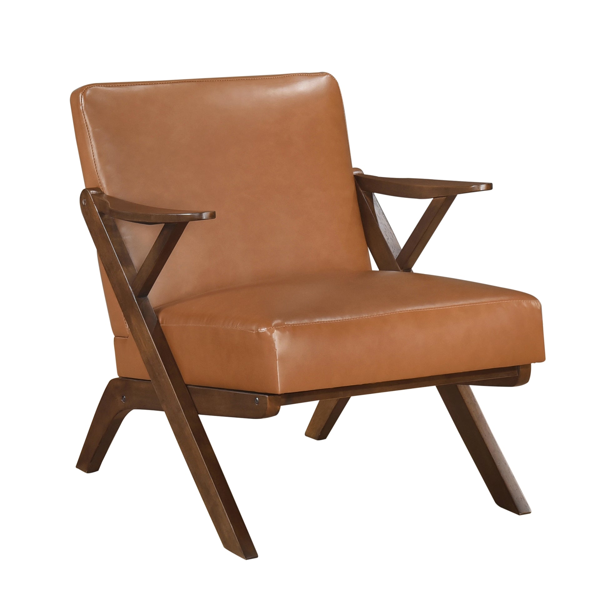 Brown Finish Solid Rubberwood Frame 1Pc Accent Chair Brown Faux Leather Upholstery Living Room Furniture Brown Primary Living Space Rubberwood Solid Wood