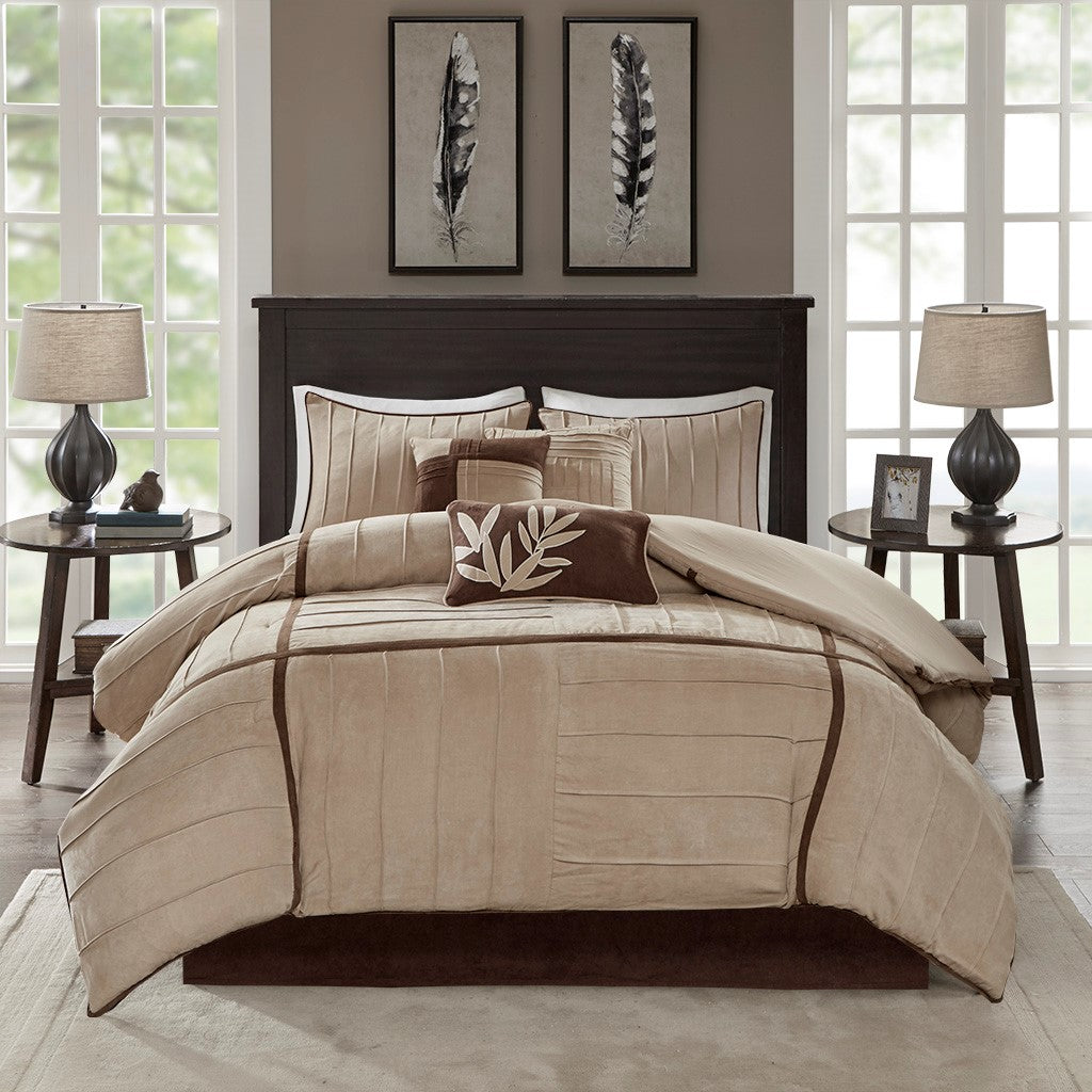 7 Piece Faux Suede Comforter Set Beige Cal King California King Beige Polyester