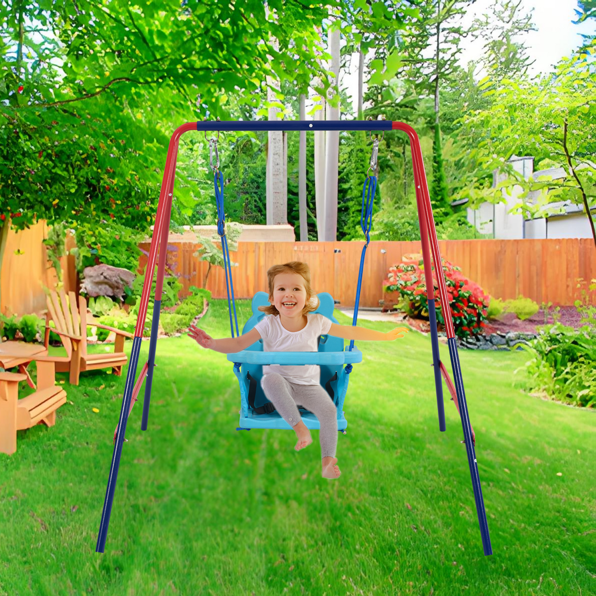 Xns067B Green And Blue Interesting 2 In 1 Baby Swing Mental Plastic Safe Swing Set 110Lbs For Outdoor Playground For Age 3 Blue Red Steel