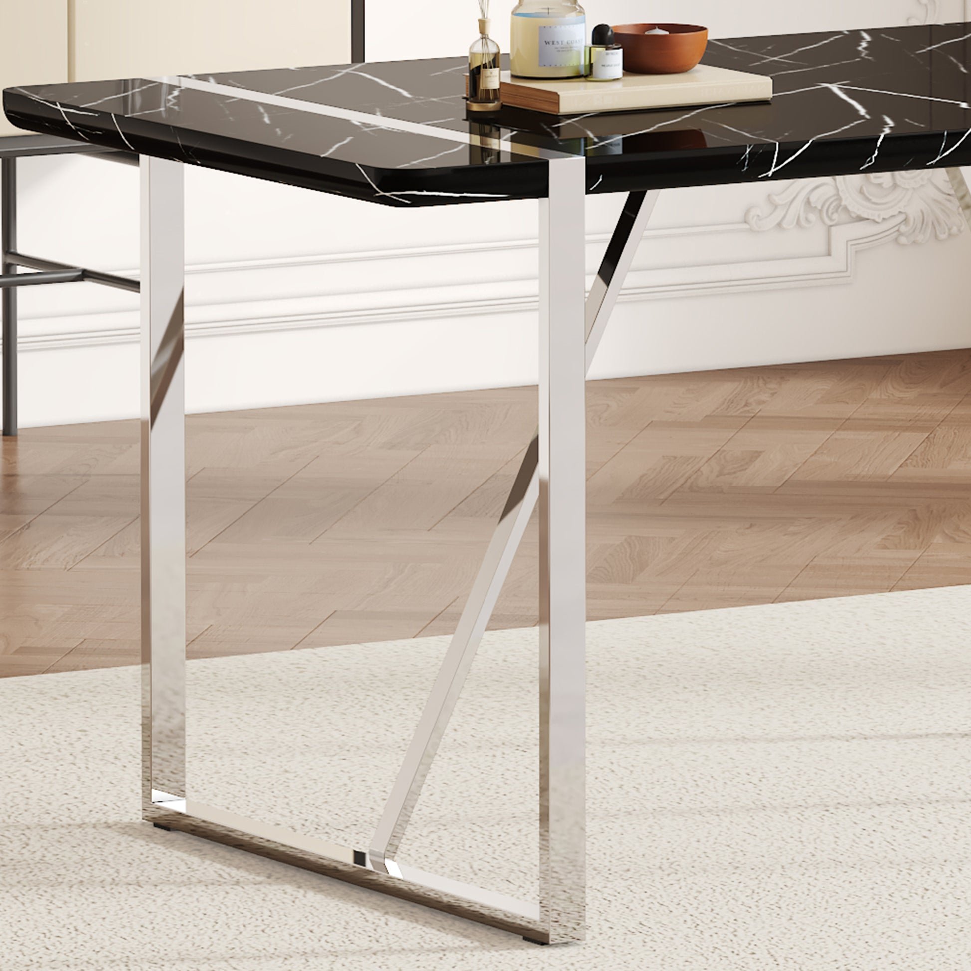 Table And Chair Set.A Rustic Industrial Rectangular Mdf Black Dining Table With Mdf Desktop And Electroplated Silver Metal Legs.Paried With 6 Chairs With Pu Cushion And Metal Legs. Black,Silver Seats 6 Mdf Metal