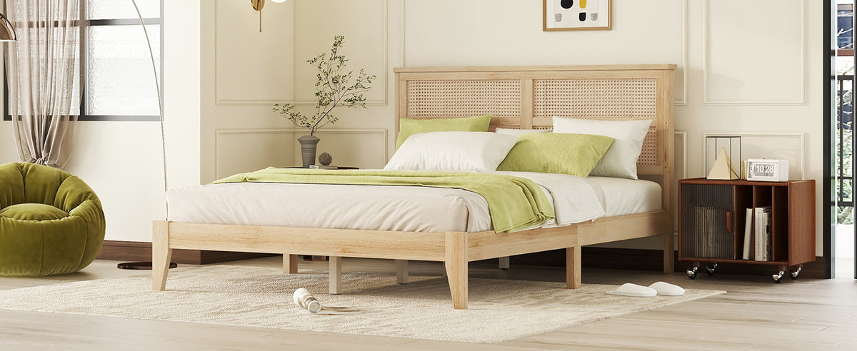 Queen Size Rubber Wooden, Solid Wooden Bed With Rattan Headboard, Enhanced By Support Feet Queen Natural American Design Rubber Wood