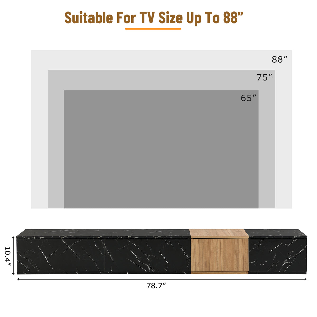 Tv Stand With Faux Marble And Walnut Wood Grain Finish For Tvs Up To 88'', Modern Free Combination Entertainment Center With 4 Storage Drawers For Living Room, Black Black 80 89 Inches Particle Board