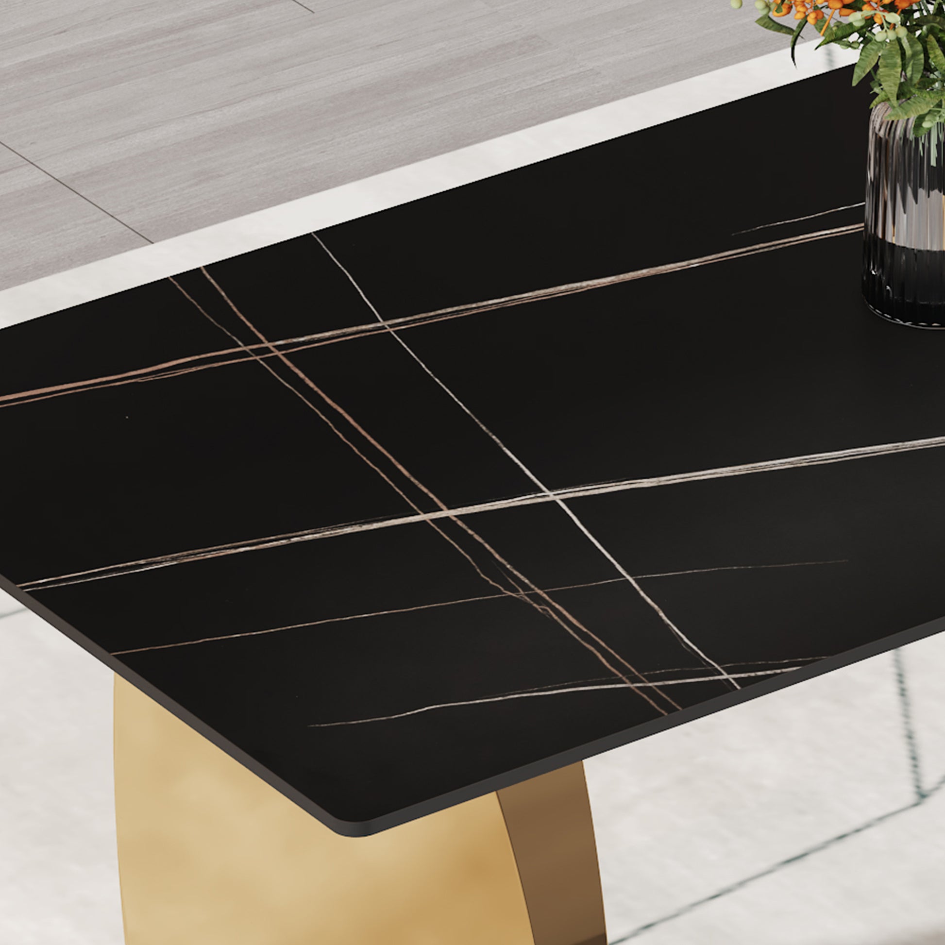 Table And Chair Set,Modern Rectangular Table With 0.4 Inch Black Patterned Tabletop And Gold Legs, Suitable For Kitchen, Dining Room, And Living Roomcomfortable Pu Seats,Perfect For Dinner, Meet Black Seats 6 Sintered Stone
