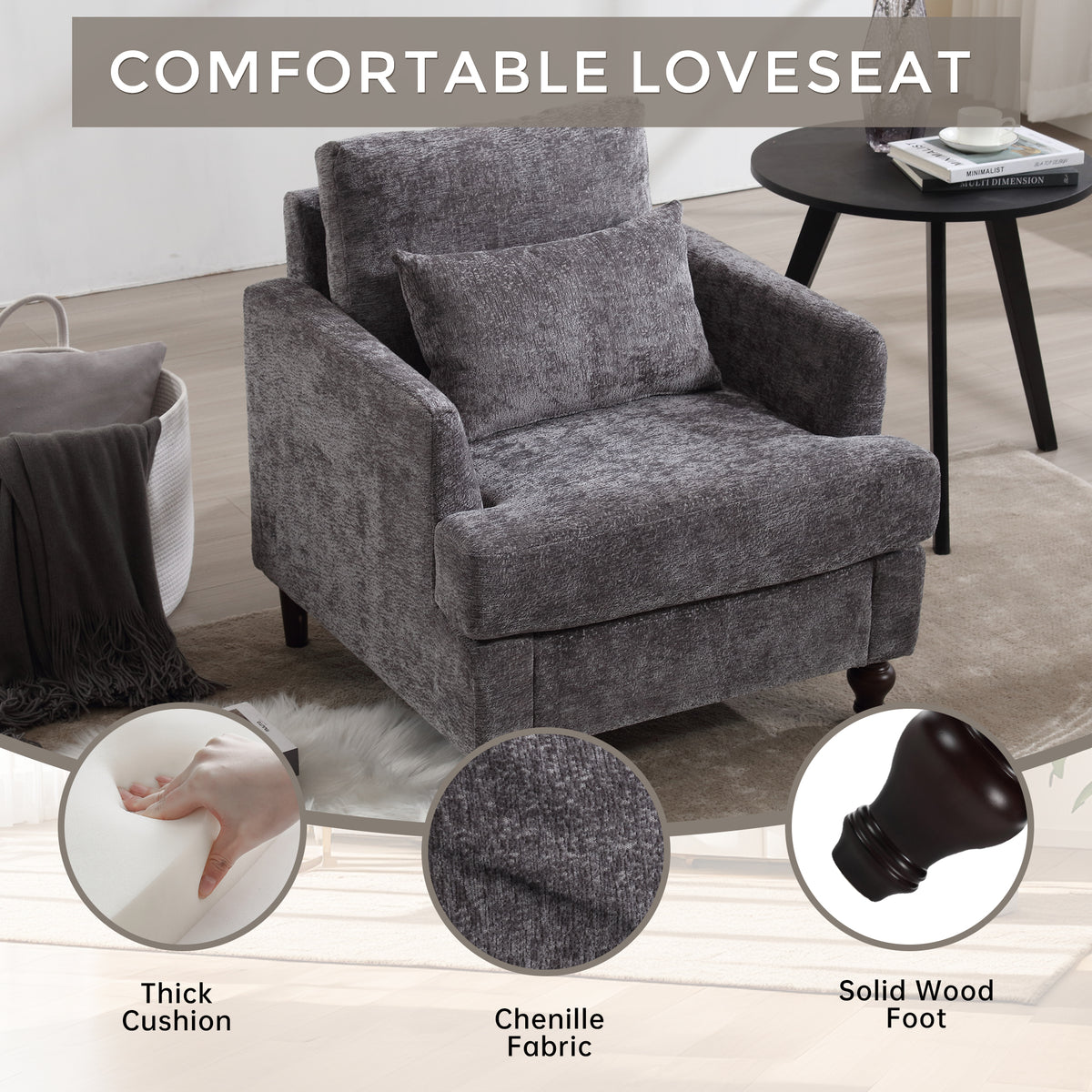 Coolmore Wood Frame Armchair, Modern Accent Chair Lounge Chair For Living Room,Tufted Club Chair, Mid Century Modern Arm Chairs With Studded, Solid Wood Frame, For Bedroom, Reading Gray Chenille Gray Chenille 1 Seat