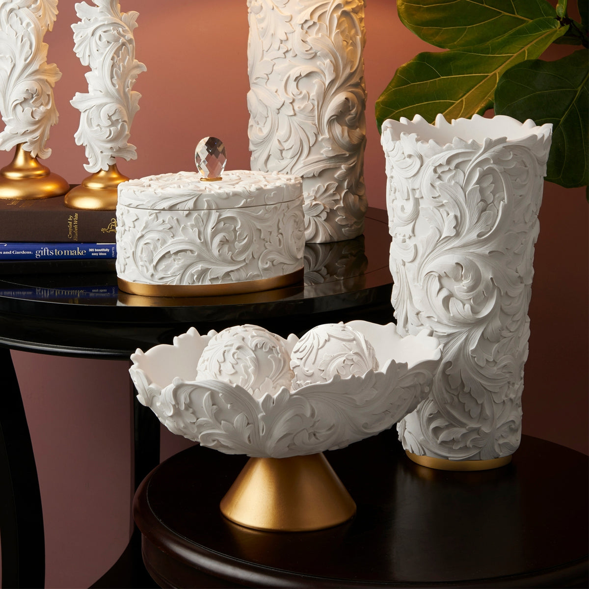 8.75" Alba White Gold Baroque Scroll Bowl W Spheres Gold Polyresin