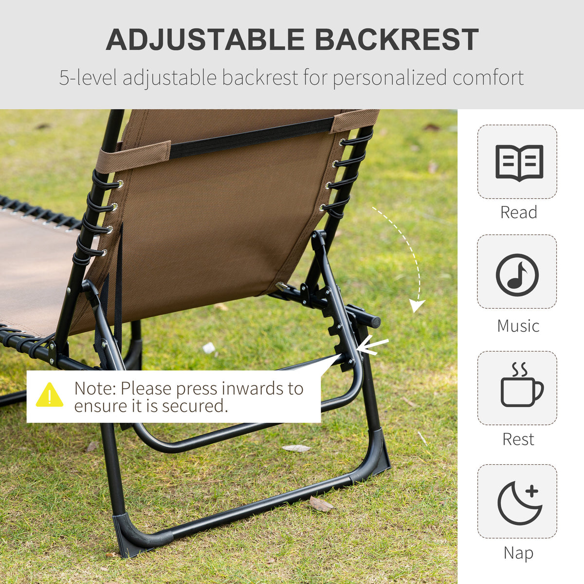 Outsunny Reclining Chaise Lounge Chair, Portable Sun Lounger, Folding Camping Cot, With Adjustable Backrest And Removable Pillow, For Patio, Garden, Beach, Brown Brown Fabric