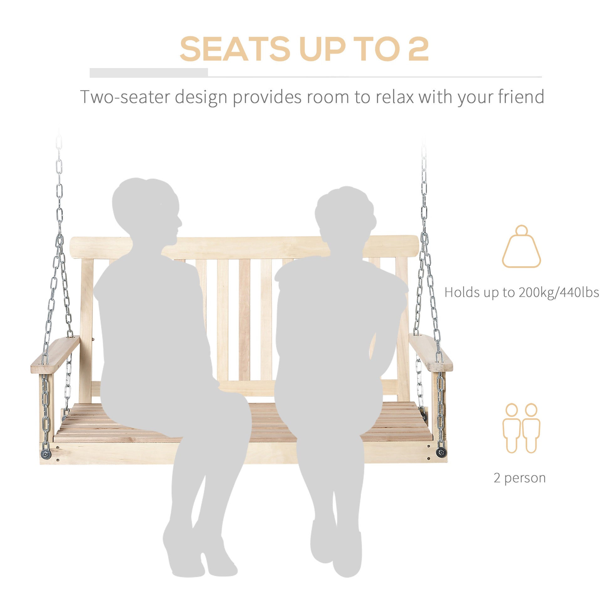 Outsunny 2 Seater Hanging Porch Swing Outdoor Patio Swing Chair Seat With Slatted Build And Chains, 440Lbs Weight Capacity, Natural Natural Wood
