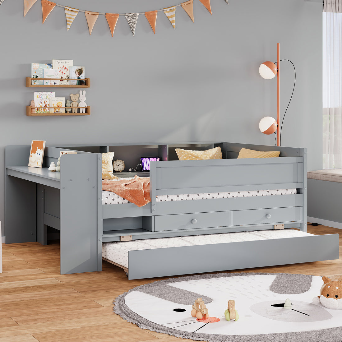 Multi Functional Twin Daybed With Drawers And Trundle, Headboard Storage And Tables, Usb Charging Station, Gray Box Spring Not Required Twin Gray Wood Daybeds Pine