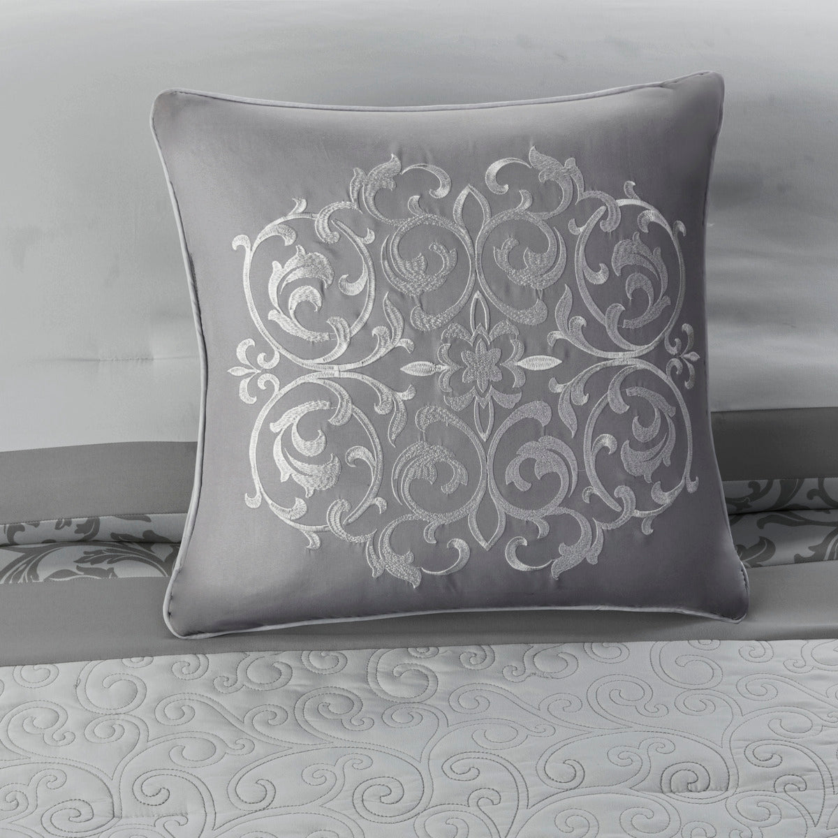 Embroidered 8 Piece Comforter Set Grey King King Grey Polyester