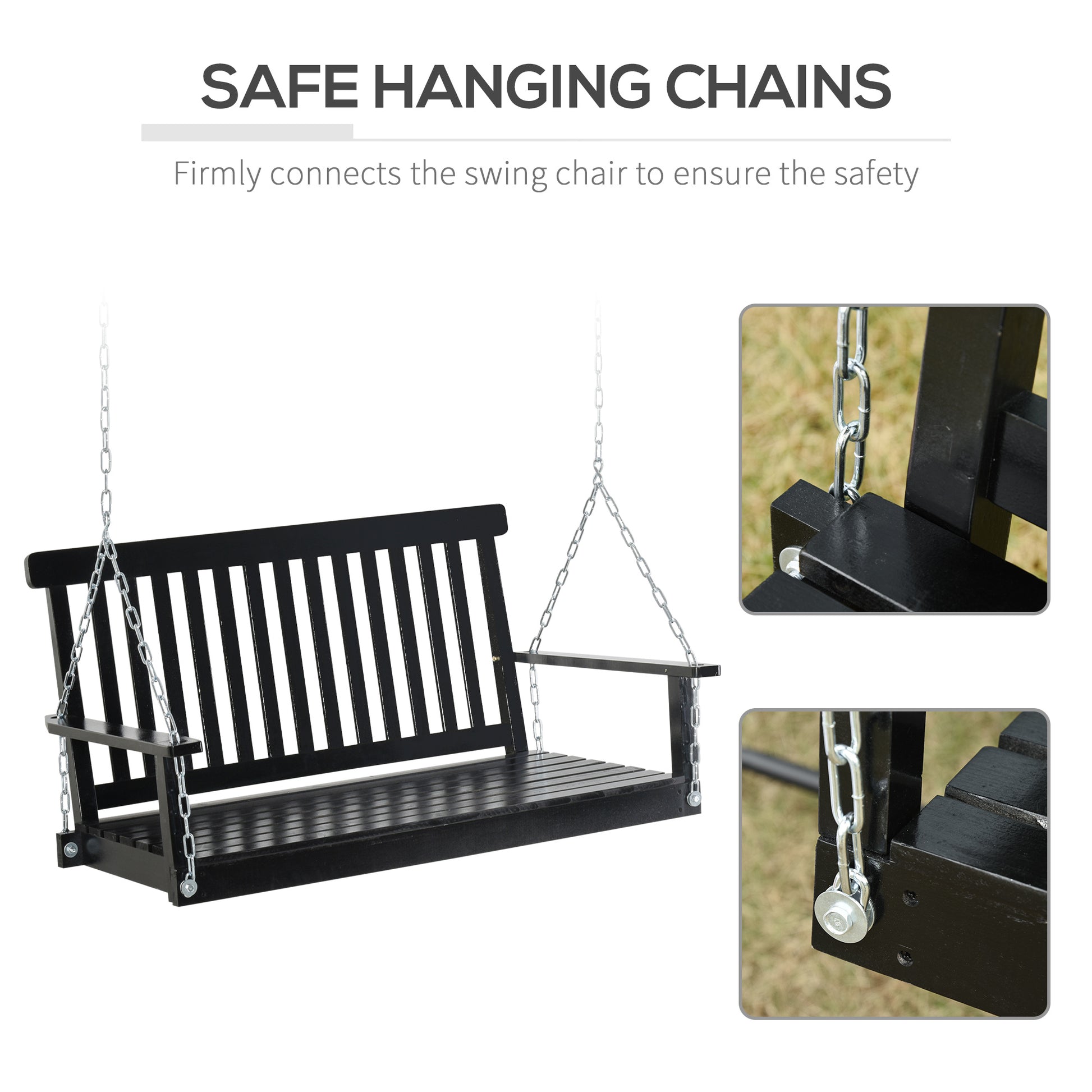 Outsunny 2 Seater Hanging Porch Swing Outdoor Patio Swing Chair Seat With Slatted Build And Chains, 440Lbs Weight Capacity, Black Black Wood