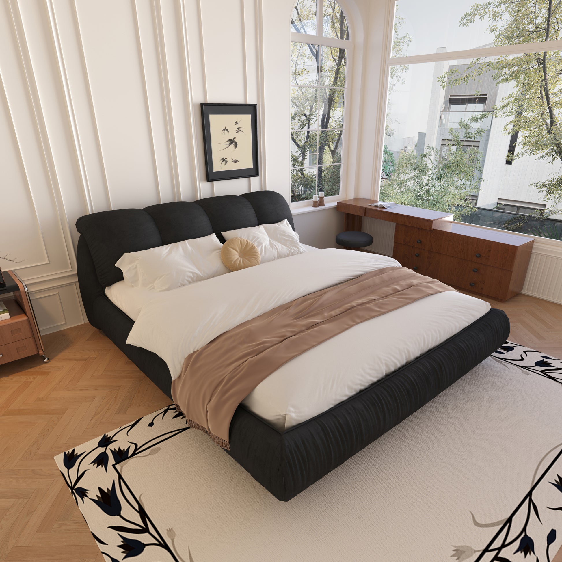 Queen Size Upholstered Platform Bed With Oversized Padded Backrest, Thickening Pinewooden Slats And Solid Wood Leg,Black Box Spring Not Required Queen Black Wood Pine Solid Wood