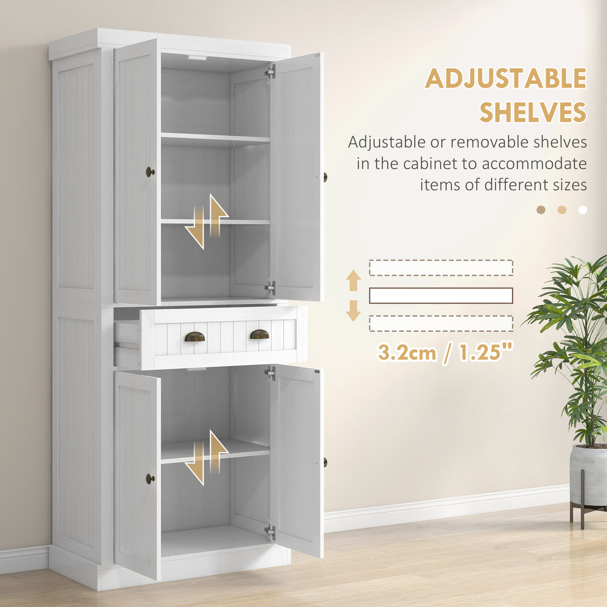 Homcom 72" Farmhouse Kitchen Pantry Cabinet, Freestanding Tall Storage Cabinet With 4 Soft Close Doors, 2 Adjustable Shelves And Drawer For Dining Room, Distressed White White Mdf