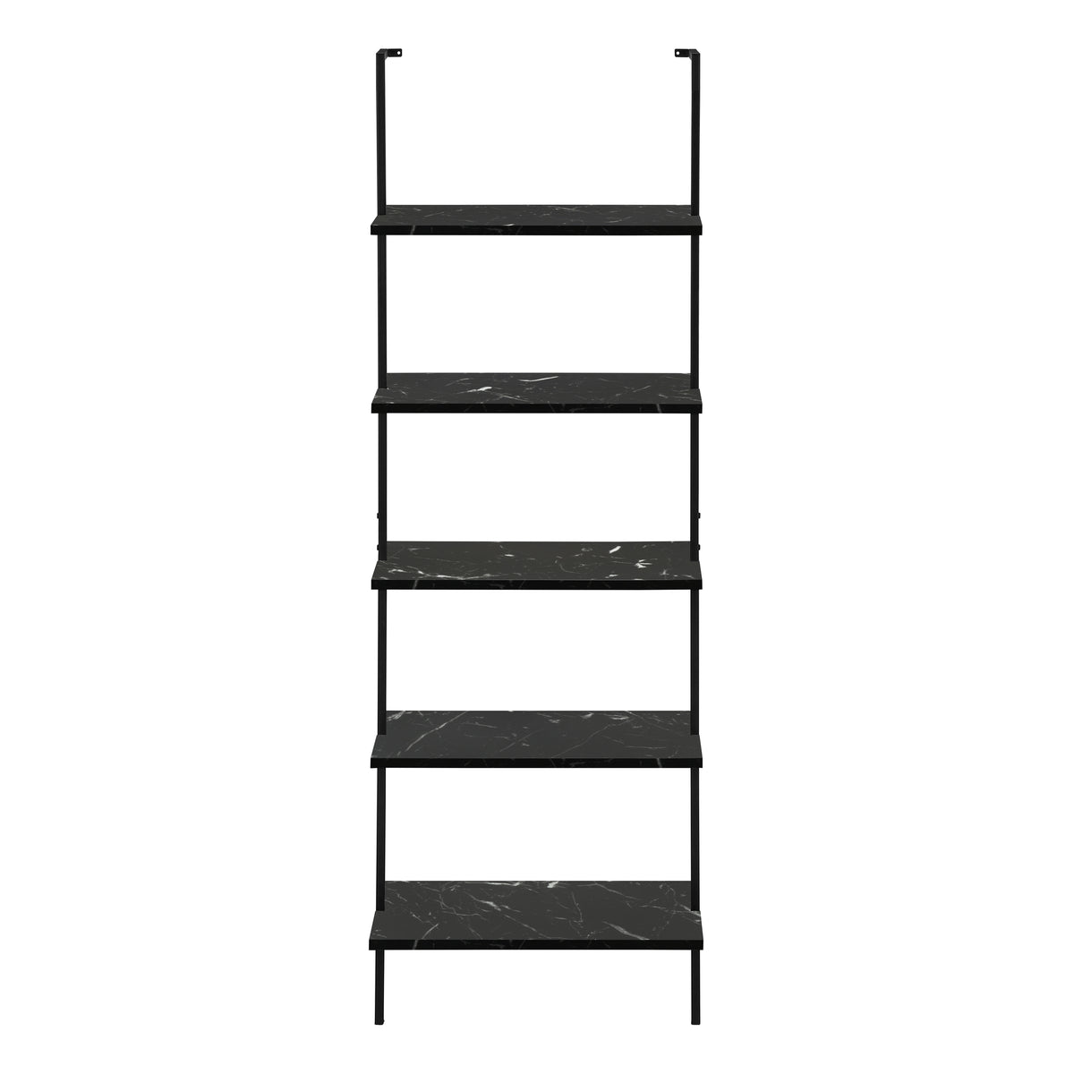 Bookshelf, Bookcase, Etagere, Ladder, 5 Tier, 72"H, Office, Bedroom, Black Marble Look Laminate, Black Metal, Contemporary, Modern Black Metal