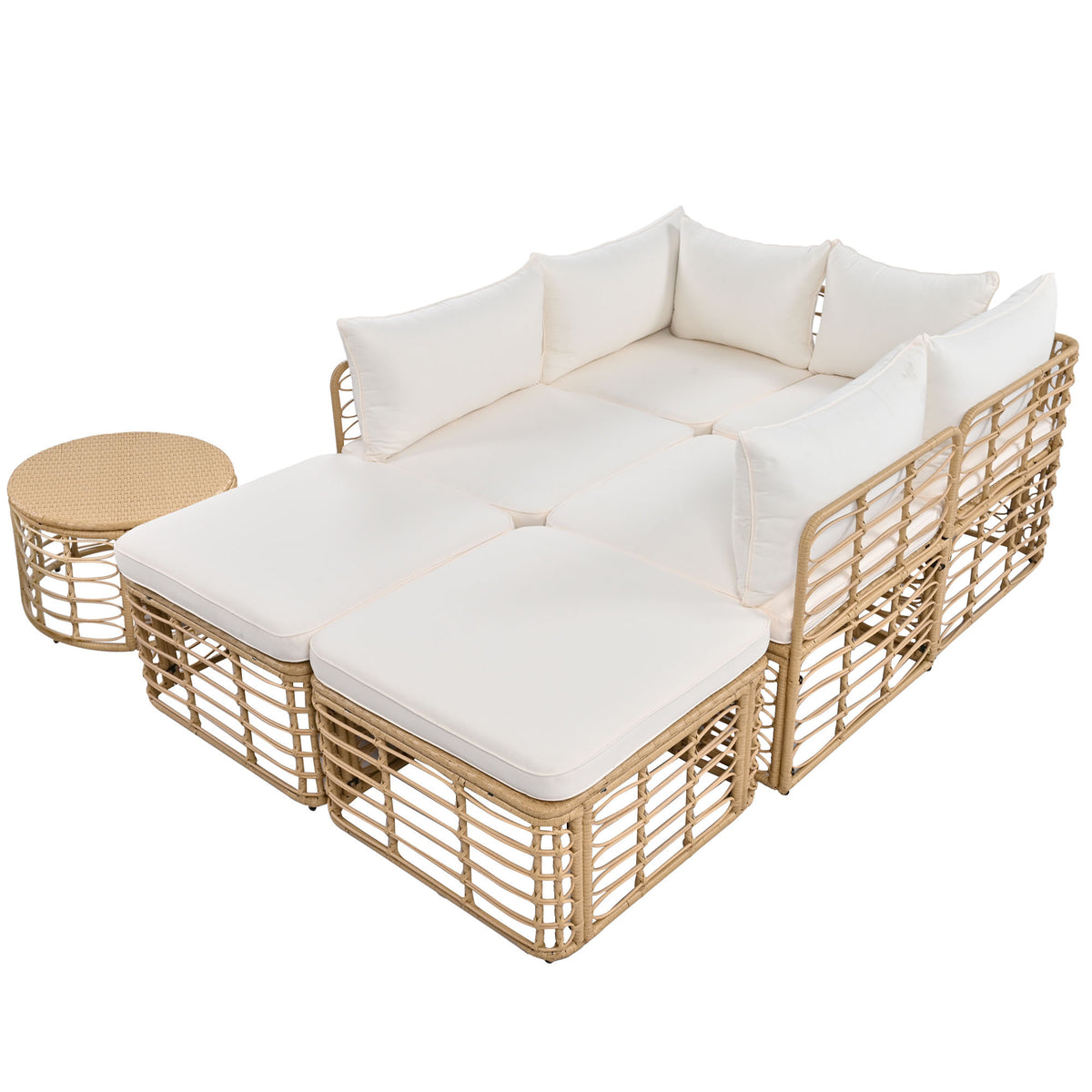 7 Pieces Outdoor Patio Furniture, All Weather Rattan Sectional Sofa Set With Thick Cushions And Pillows, Freely Combined Conversation Sets For Garden, Backyard, Balcony, Beige Yes Complete Patio Set Beige Seats 6 Garden & Outdoor Complete Patio Sets Foam