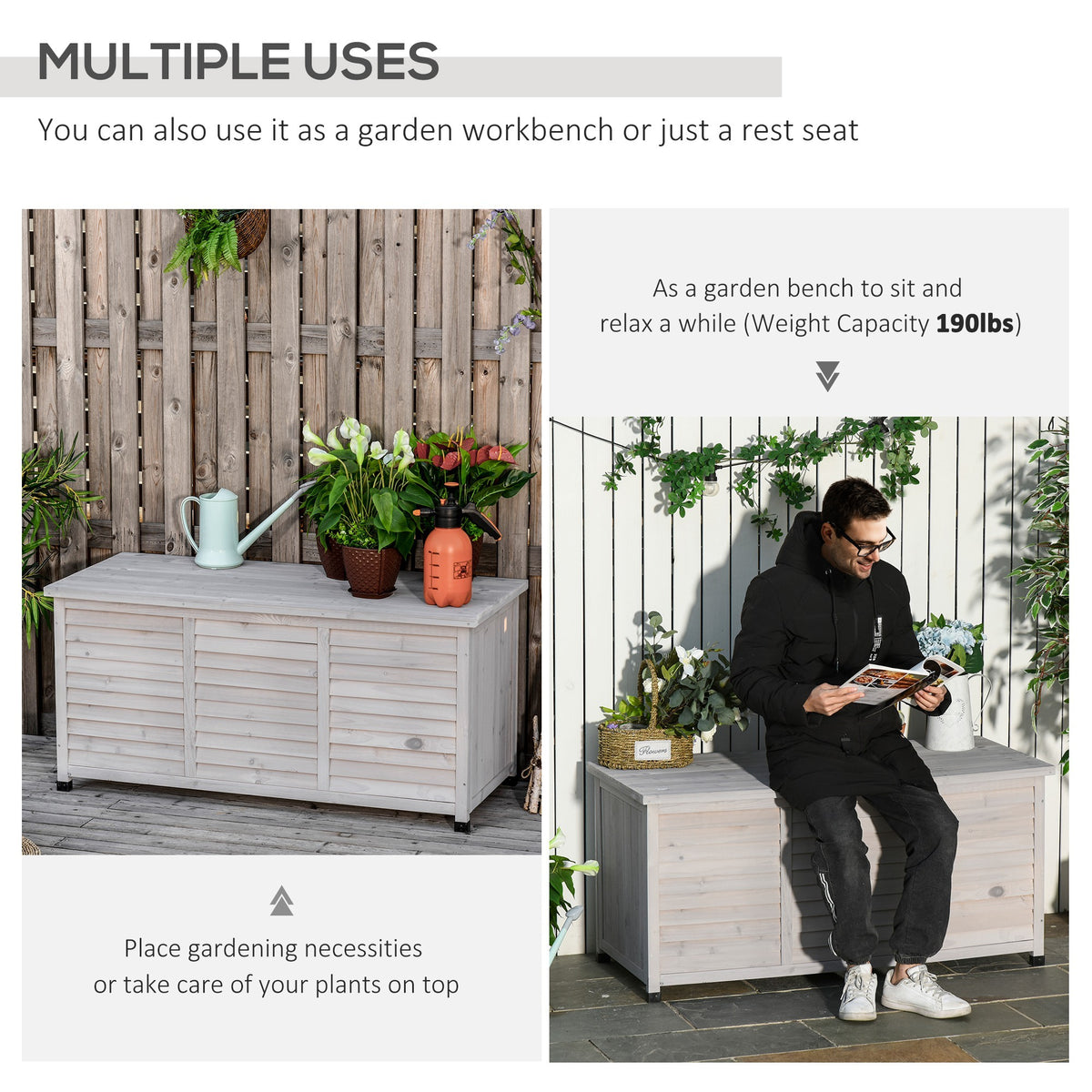 Outsunny 75 Gallon Wooden Deck Box, Outdoor Storage Container With Aerating Gap & Weather Fighting Finish, Grey Grey Wood