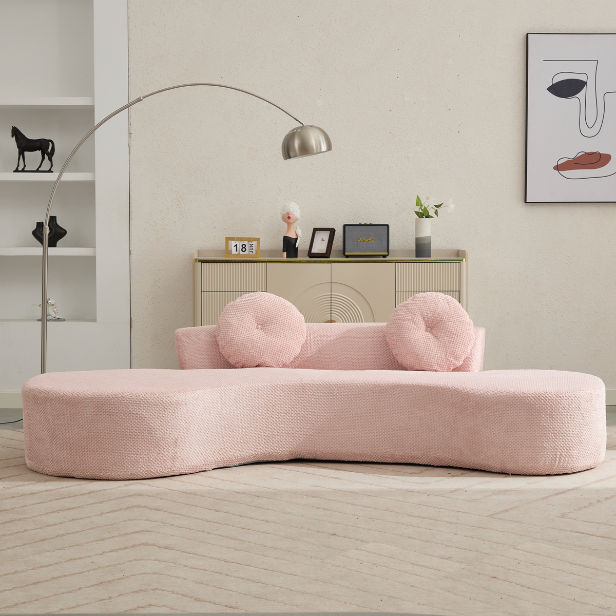 Arrived 105.5''Curved Sofa, Modern Minimalist Sofa, Cloud Couch Sofa 3 4 Seater Couch With 2 Pillows,Bedroom, No Assembly Required, Point Shaped Corduroy, Anti Wrinkle ,Pink Pink Polyester Primary Living Space Tight Back Soft Modern Foam Upholstered 3