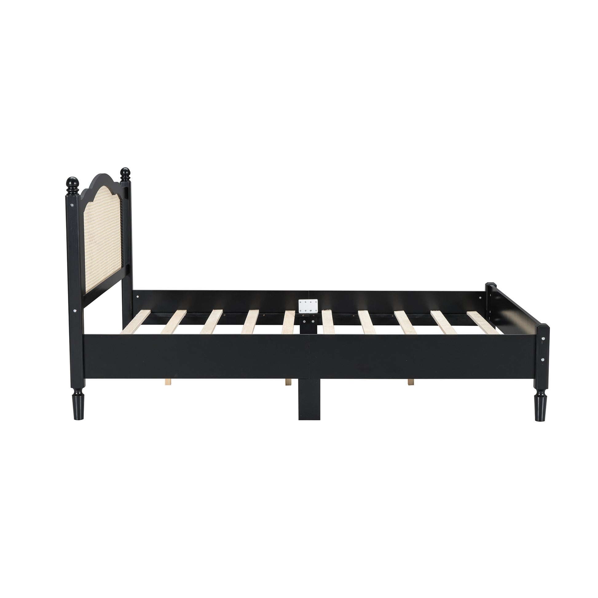 Queen Size Wooden Platform Bed With Natural Rattan Headboard, Vintage Bed Frame With Wooden Slat Support, Black Box Spring Not Required Queen Black Wood