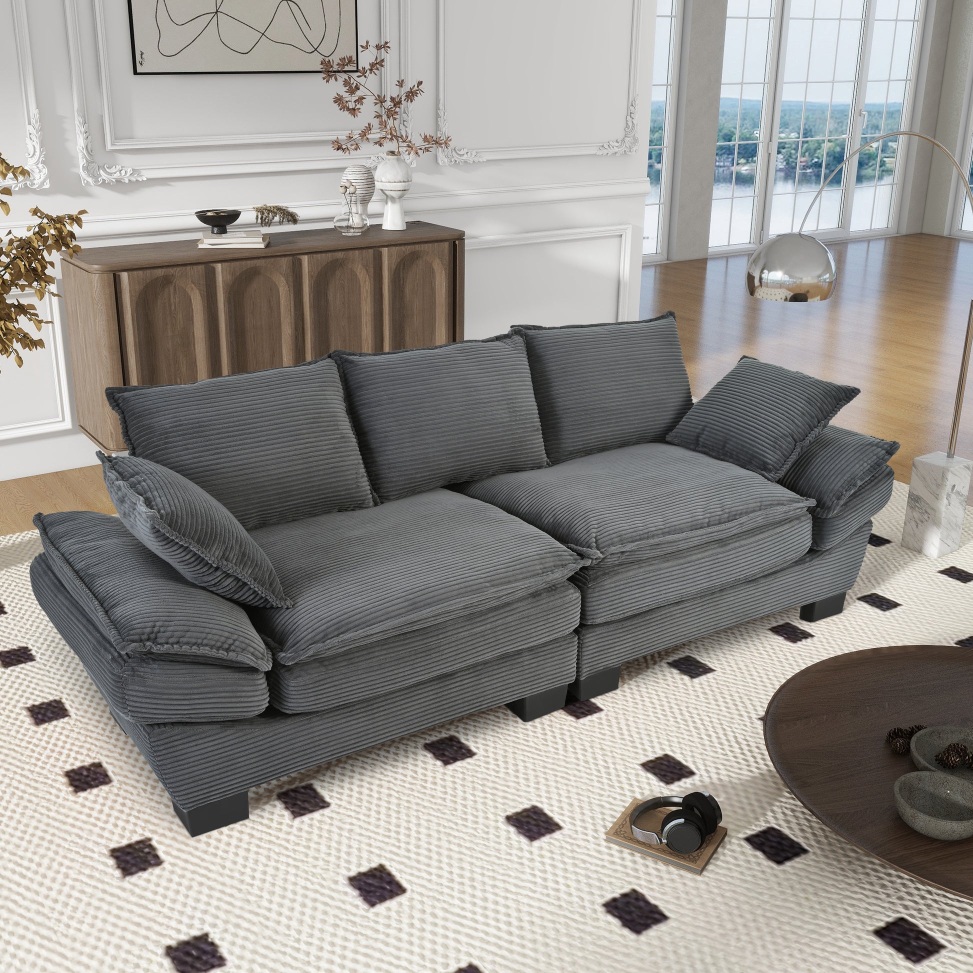 85.4" Modern Curved Sofa, Back Upholstered Couch With 2 Decorative Throw Pillows, Corduroy Fabric Couch For Living Room, Bedroomapartment Gray Corduroy 2 Seat