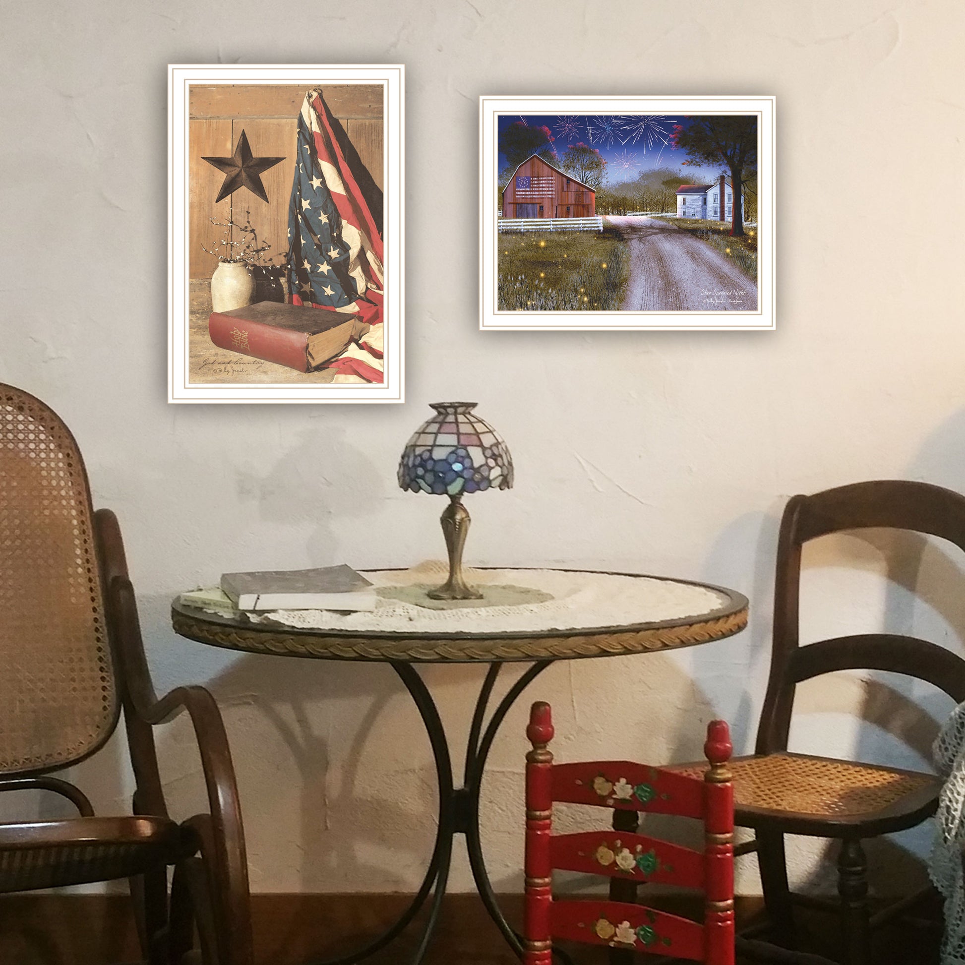 2 Piece Vignette Star Spangled Night, God & Country White Framed Wall Art For Living Room, Bedroom Wall Art Print For Home Decor By Billy Jacobs Multicolor Wood Paper
