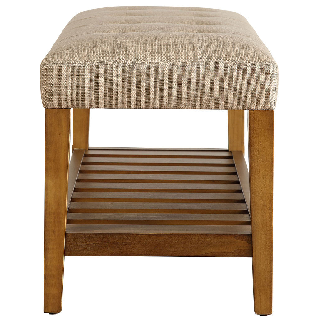 Beige And Oak Tufted Padded Seat Bench Beige Brown Bedroom Beige Contemporary Shelves Wood Fabric