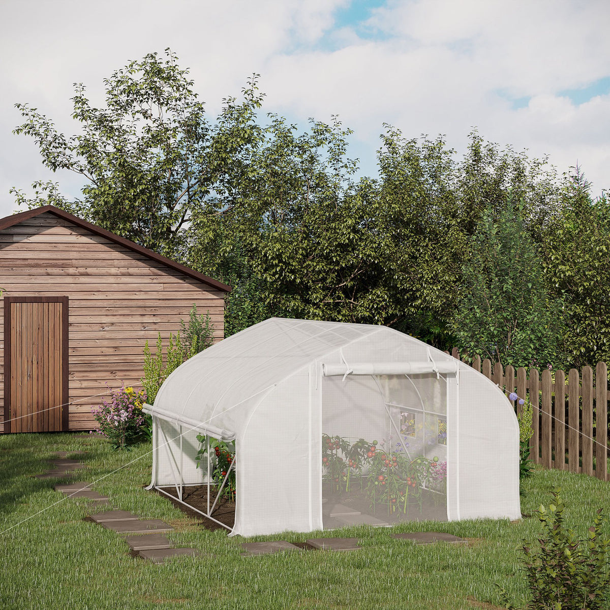 Outsunny 11.5' X 10' X 6.5' Walk In Tunnel Greenhouse, Green House With Zippered Mesh Door, 7 Mesh Windows & Roll Up Sidewalls, Upgraded Gardening Plant Hot House With Galvanized Steel Hoops, White White Steel