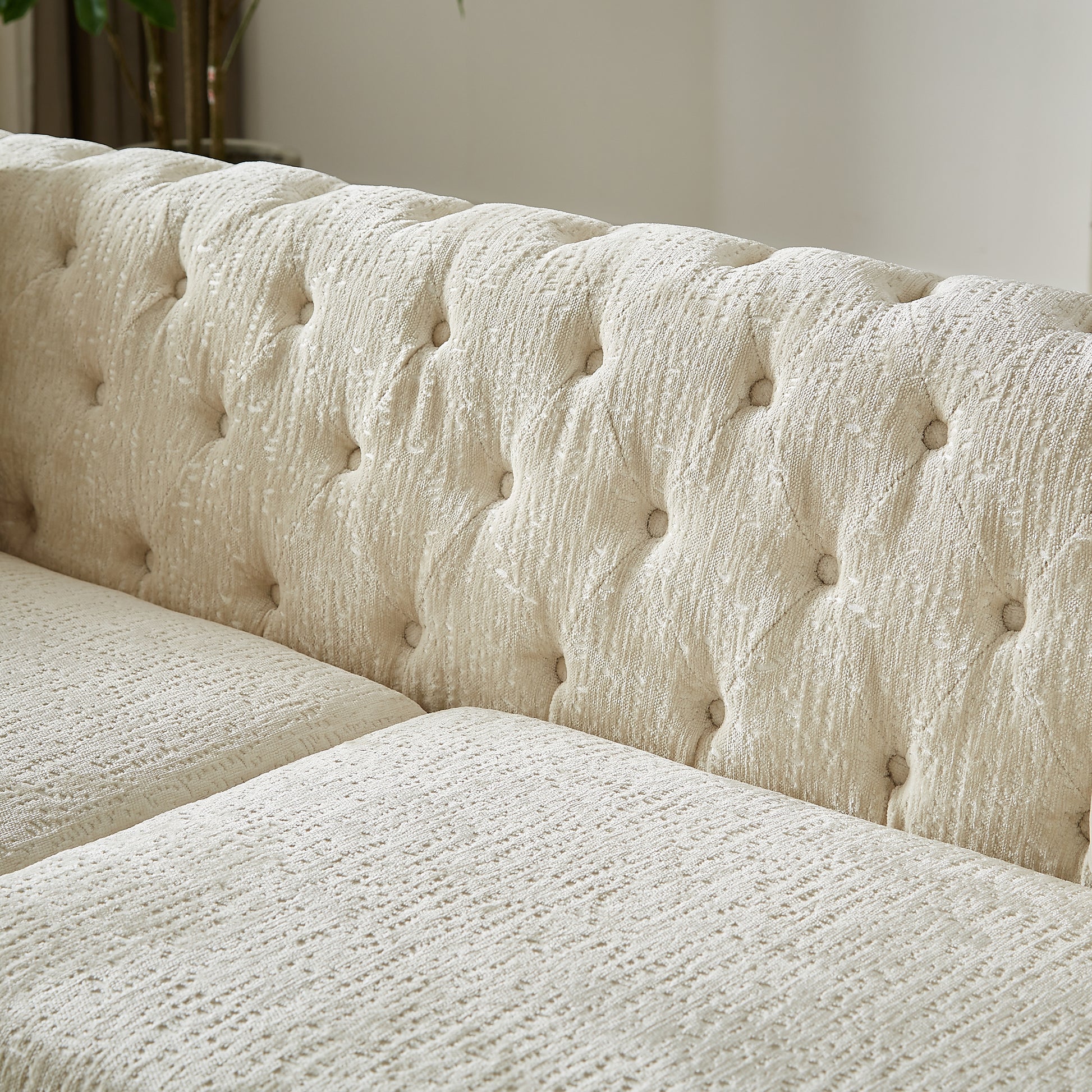 60 Inch Chenille Pull Buckle Design Sofa For Living Room,Buttons Tufted With Copper Nail Decoration Armrest, Modern Couch Upholstered Button And Metal Legs Beige Foam Chenille 2 Seat