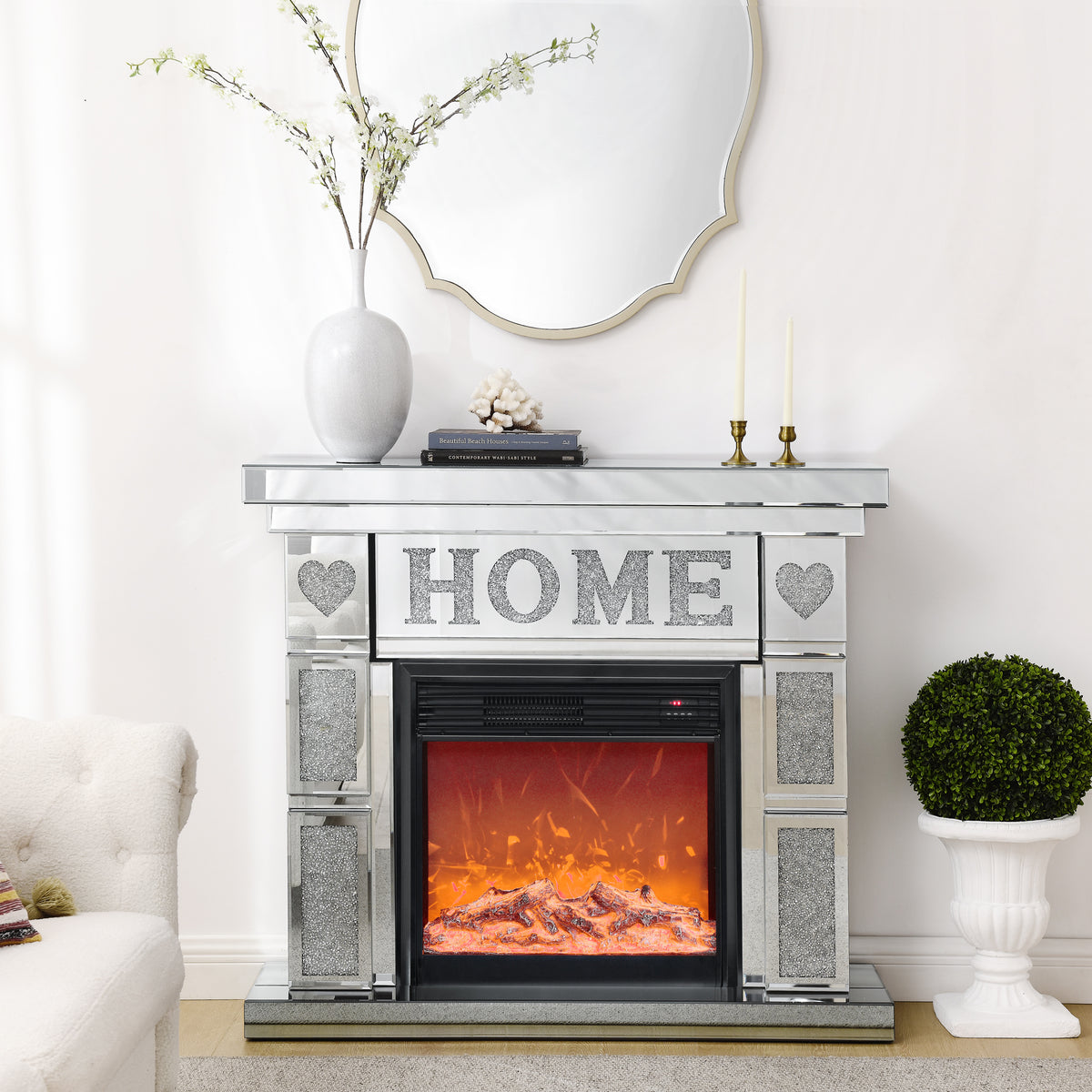 W 46" X D 12.6 X H 41 " Acrylic Diamond Mirror Fireplace Cabinet, Tv Fireplace Cabinet Powder Coated Electric Bedroom Yes Freestanding Electric 41 50 Yes Silver 400 Natural Vent American Design Acrylic Mdf Glass