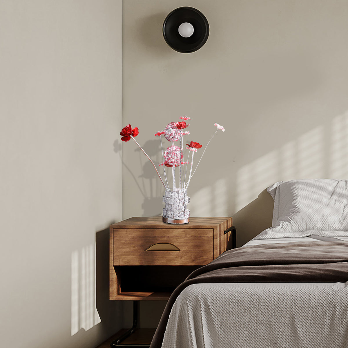 Aluminum 4 Red Roses 6 Petal Floral 2 Red Silver Flower Bud On A 4 Squared Modern Hexagona Chrome Vase Table Lamp For Living Room, Nightstand Bedside Table Lamp For Bedroom, Led Lamp Multicolor Aluminium