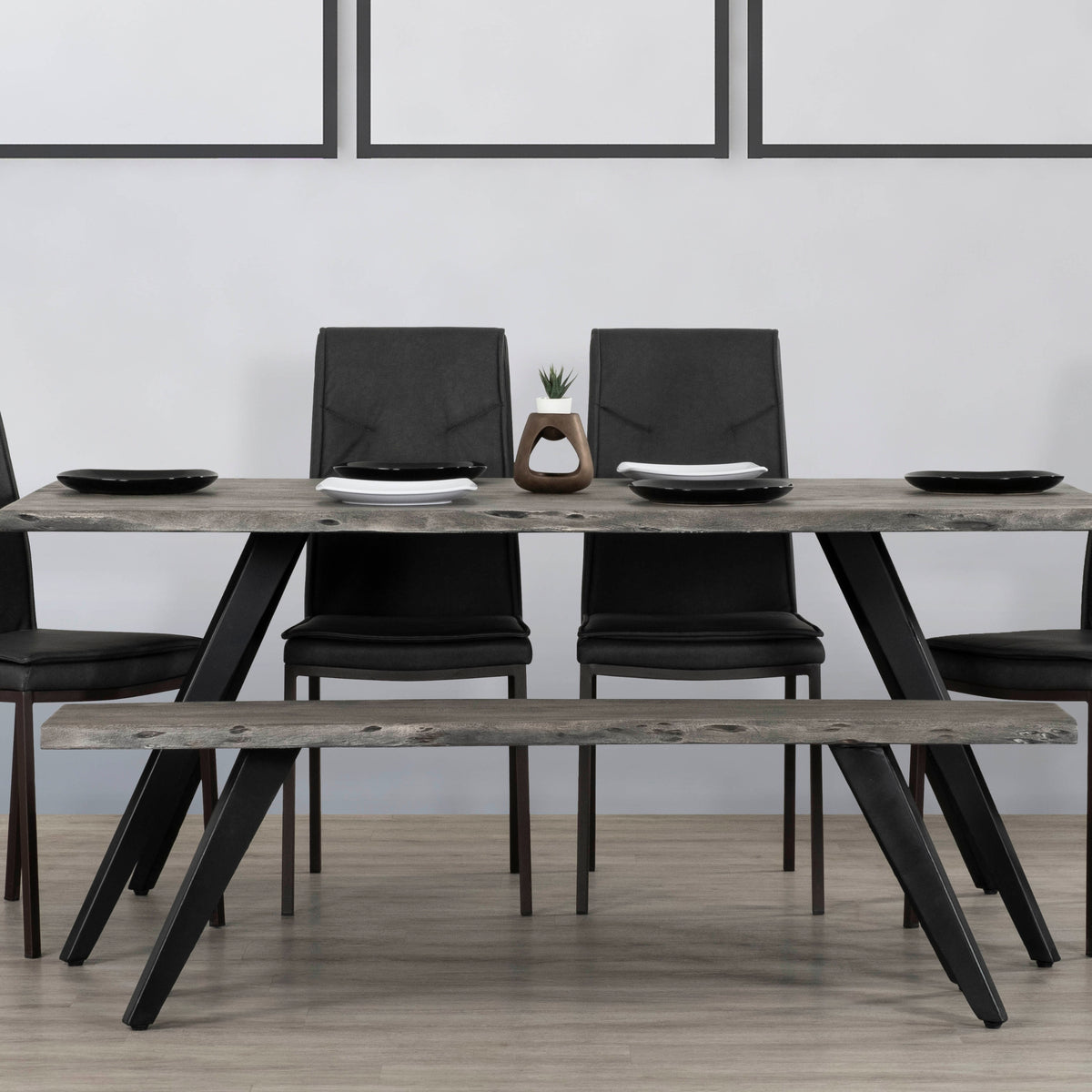 60 Inch Modern Dining Bench, Acacia Wood Table, Live Edge, Iron Legs, Gray, Black Black Gray Gray Dining Room Modern Acacia Iron Acacia Wood