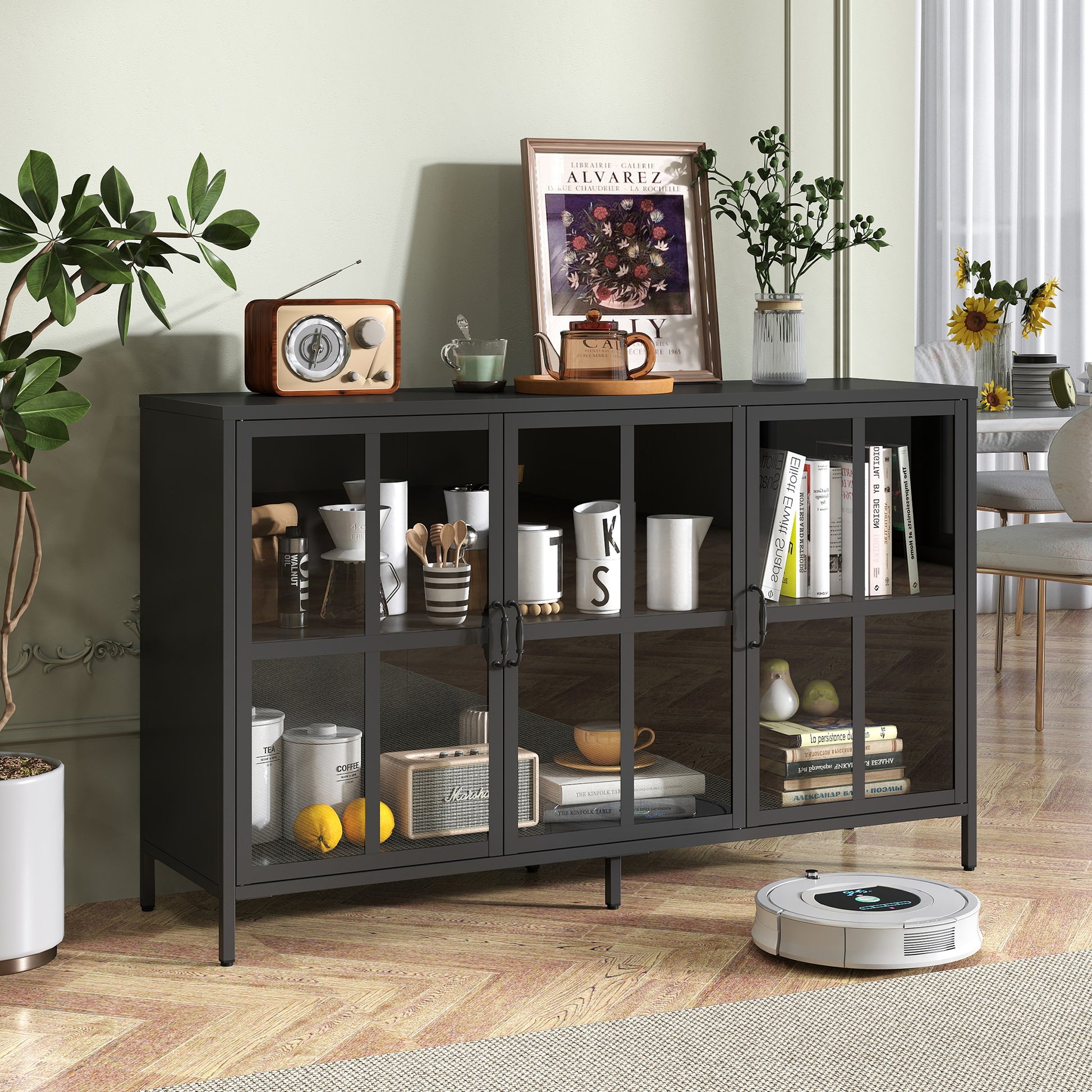 Heavy Duty Metal Modern Sideboard Buffet Cabinet With Storage Premium Steel Storage Cabinet ,Adjustable Feet,Glass Doors,Large Capacity Organizer For Living Room,Bed Room,Dining Room Black Kitchen